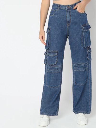 Ladies Multi Pockets Wide Leg Jeans Pants
